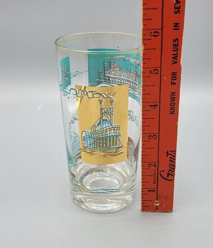 Vintage MCM Glass Hi-Ball Tumblers Retro Teal Turquoise & Gold Steam Boat Theme - Picture 13 of 19