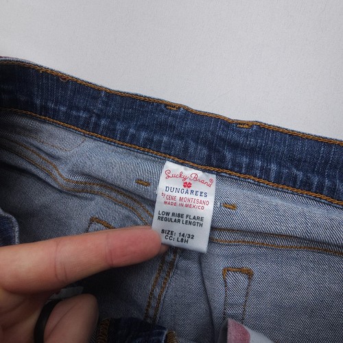 Lucky Brand Dungarees Low Rise Flare Jeans Womens 14 / 32 Boho Y2K Vtg Festival - Picture 4 of 12