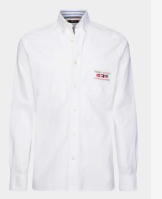 Tommy Hilfiger The Flex White Crisp Cotton Embroidered Preppy Button up Shirt L