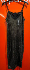 Boohoo Sequin Plunge Front Split Midi Dress, Black/Gold, Size 8, BNWT,  /SF/9007