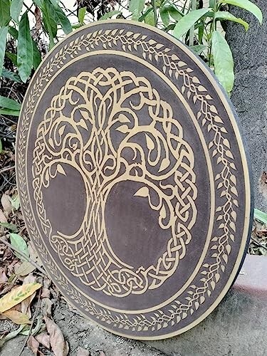 Viking Shield with Carved Old Norse Tree of Life Symbol Hand Carved Wooden Gift - Picture 3 of 4