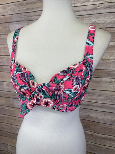 Marie Meili 36C Floral Bikini Top Pink Green Hibiscus Tie Detail Underwire Mesh - Picture 2 of 10