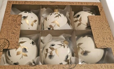 Vitbis Poland Ivory, Black & Gold Elegant Christmas Ball Ornaments Set/6 NIB