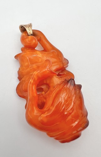 Antique Chinese 14k Gold & Carved Butterscotch Amber Two Swans Pendant 10g - Picture 2 of 6