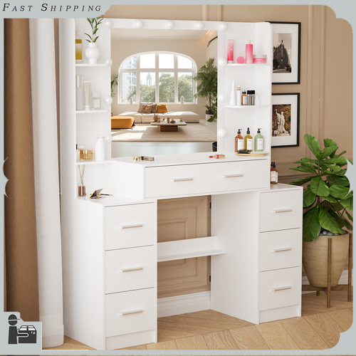 Vanity Set w/ 11 LED Lighted Mirror Makeup Desk Dressing Table with 7 Drawers US - Picture 5 of 11