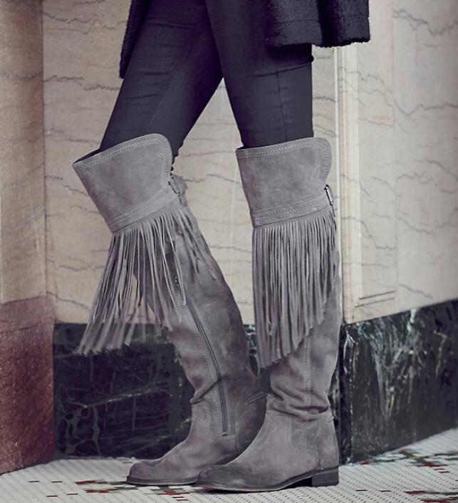 Mujeres Cuero Gamuza Real altas pisos Caballero Punk con Flecos la rodilla botas altas Real 2019 9d6f85 Mujeres Cuero Gamuza Real altas pisos Caballero Punk con Flecos la rodilla botas altas Real 2019 9d6f85