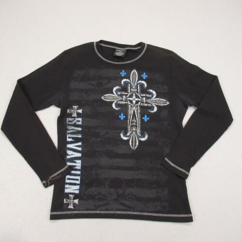 Vintage No Boundaries Shirt Mens Medium Waffle Knit Cross Skulls Wings Thermal *