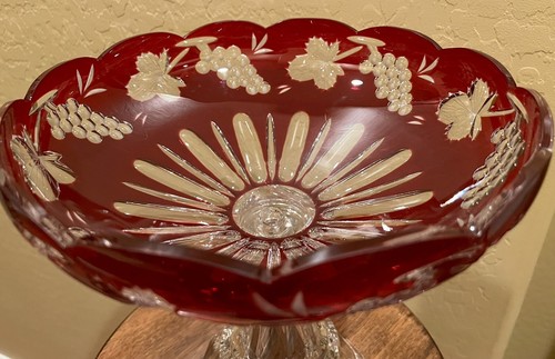 Red Cut To Clear Pedestal Centerpiece Crystal Bowl Hungary Ajka? 11 1/4” Tall - Picture 6 of 9