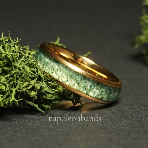 Couples Moss Agate Wedding Band, 8mm & 6mm Yellow Gold Ring Set, Comfort Fit - Imagen 9 de 18