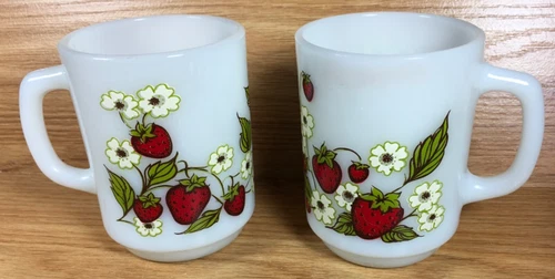 2 ANCHOR HOCKING strawberry blossoms white glass COFFEE CUPS MUGS oven proof USA