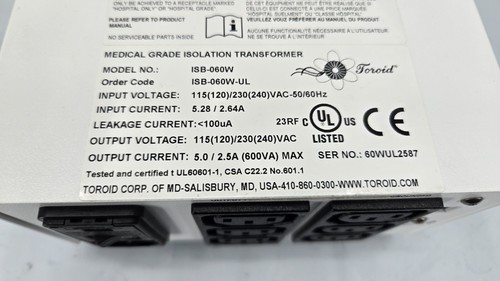 Toroid ISB-060W 6-Outlet Plug Medical Grade Isolation Transformer - Zdjęcie 12 z 12