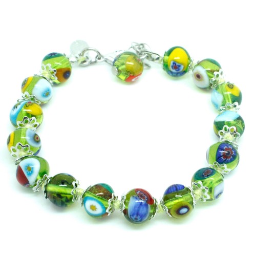 Murano Verre Bracelet Vert Multi Argenté Millefiori Fait Main Venise 15 Perles - Picture 6 of 9
