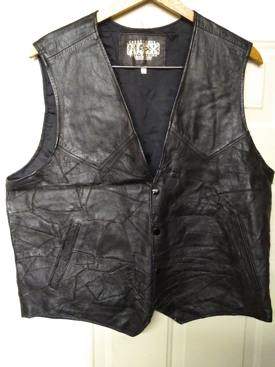 CREATIONS Mens 44 Black Motorcycle Biker Leather Snap Closure Vest CREATIONS Mens 44 Black Motorcycle Biker Leather Snap Closure Vest