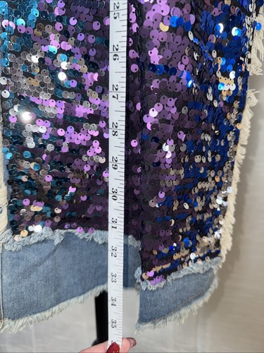 Blue Jean Jacket Women’s Size XL Sleeveless Blue Purple Sequins Open Front - Picture 7 of 10