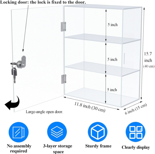 3 Shelf Acrylic Display Case with Lock and Keys, Clear Collectibles Showcase Cou - Picture 8 of 9