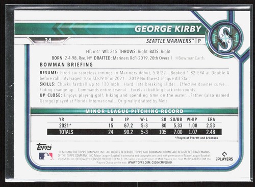 2022 Bowman Chrome #34 George Kirby Seattle Mariners RC Rookie - Picture 2 of 2