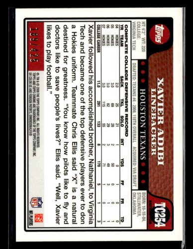 Xavier Adibi 2008 Topps Chrome #TC254 Copper Refractors /425 Houston Texans - Picture 2 of 2