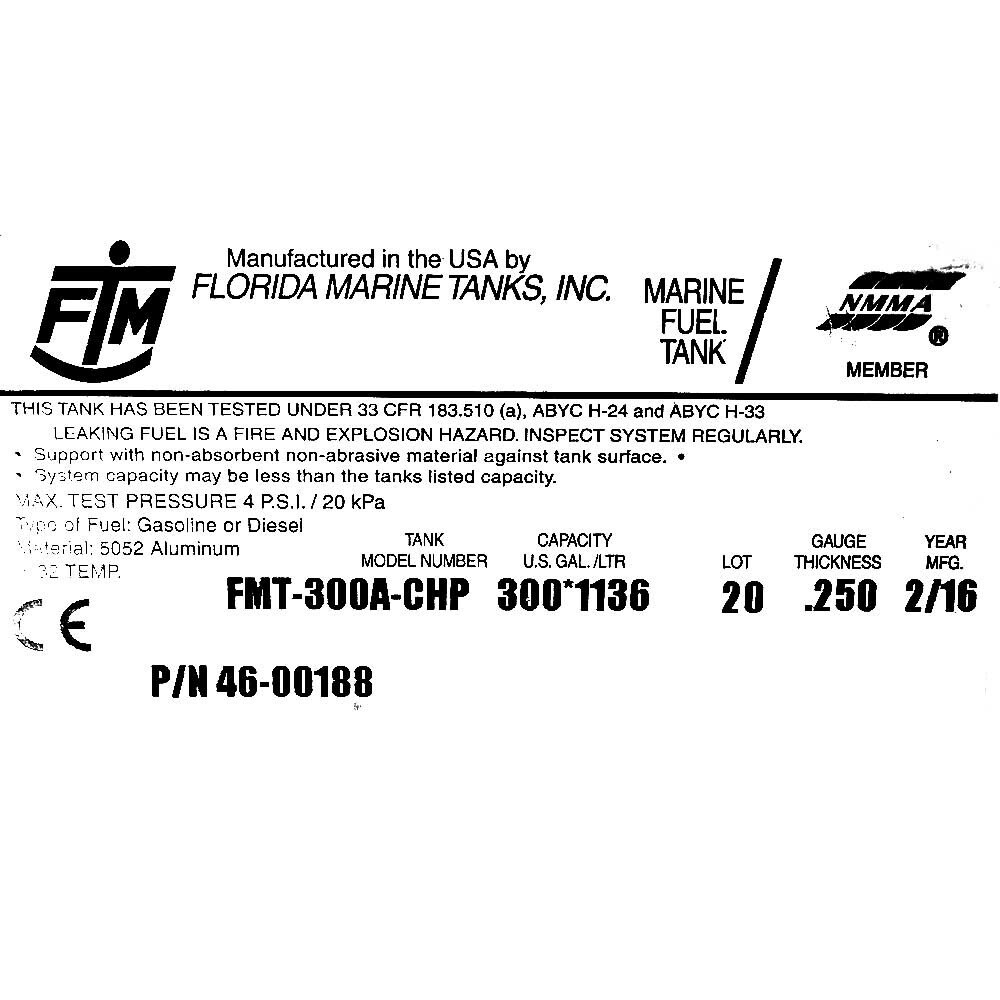 Chaparral Boat Fuel Tank 46.00188 Florida Marine 300 Gallon Aluminum