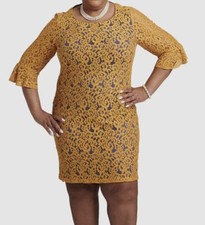 Kasper Women's Gold Lined Ruffled Lace 3/4-Sleeve Sheath Dress Size L