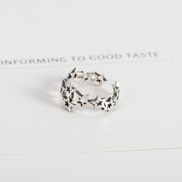 925 Sterling Silver Stars Pattern Simple Adjustable Ring Mens Womens ...