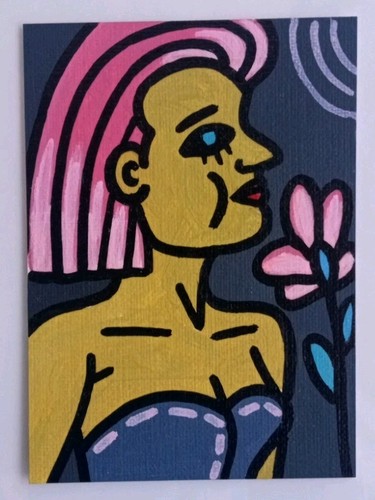 ACEO Picasso Frau Gesicht Blume Original Ölgemälde Oxana Diaz 2,5" x 3,5" - Bild 2 von 8