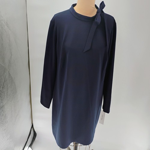 NUEVO CON ETIQUETAS CALVIN KLEIN Vestido Vaina Manga Larga Cuello Simulado Lazo Buceo Crepé Azul Marino Talla 12 - Imagen 14 de 17