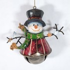 Snowman Jingle Bell Christmas Ornament - All Metal - Top Hat Scarf Twig Arms
