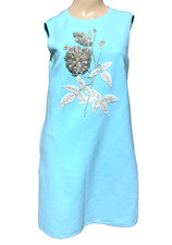 Oscar de la Renta 3D Baby Blue Floral Crystal Bead Embroidered Shift Dress US 2