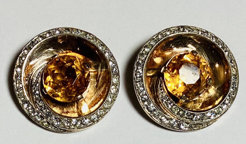 Antique VTG Crown TRIFARI Sterling Silver Signed Topaz &Clear Crystal Shoe Clips - Image 3 of 4