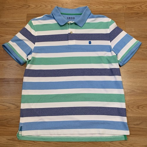Sz L - Izod Striped Short Sleeve Collar Polo Shirt (Blue/White/Green/Purple)