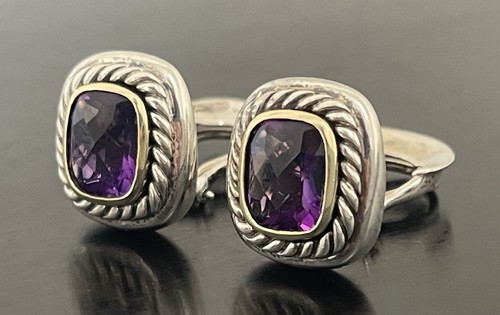 Pendientes Omega David Yurman 'Albion' Amatista Púrpura Oro 14K Plata de Ley - Imagen 3 de 4