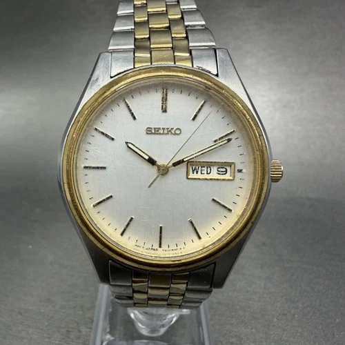 Seiko Watch Men 37mm Silver Dial Two Tone Daydate Round 7N43-9048 New Battery PZ