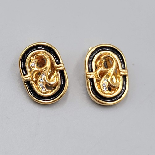 Vintage Clip on Earrings Gold tone Oval Black Enamel Open Work Rhinestones 3/4" - Picture 1 of 8