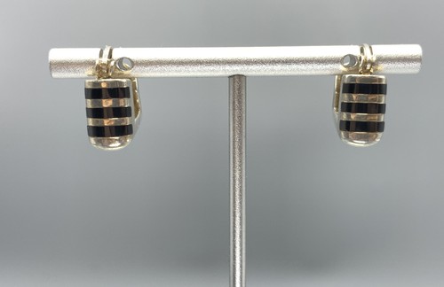 Sterling Silver, Inlaid Black Enamel Square Hoop Earrings - Picture 1 of 5