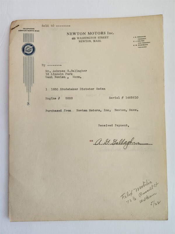 1930 antique STUDEBAKER NEWTON MOTORS ma RECEIPT DICTATOR & COACH ambr gallagher