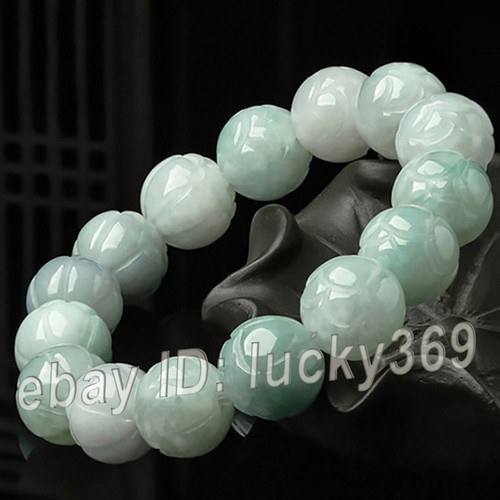 Certified Green Natural Grade A Jade jadeite Bangle Carved Lotus Beads Bracelet - Picture 5 of 13