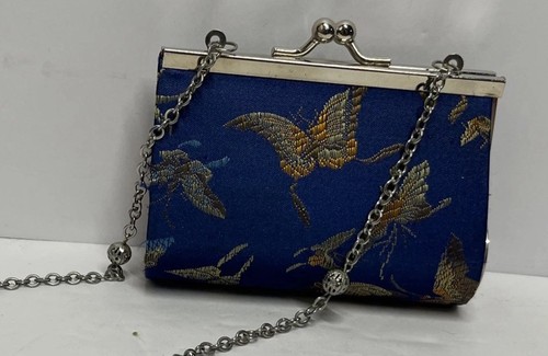 Blue Chinese Brocade Embroidered Butterfly Coin purse - Kiss Lock & Silver Chain - Picture 1 of 19