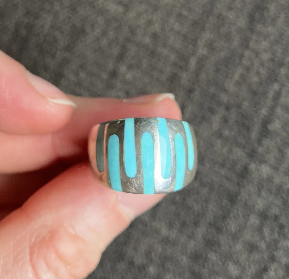 Anillo KABANA de plata de ley 925 con incrustación de turquesa banda ancha, tamaño 6, 8,3 gramos Foto 4 de 4