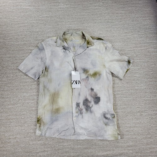 Camisa Zara Tie Dye Para Hombres Pequeña Mezcla de Lino Botón Viscosa Verano Acuarela Nueva - Imagen 4 de 14