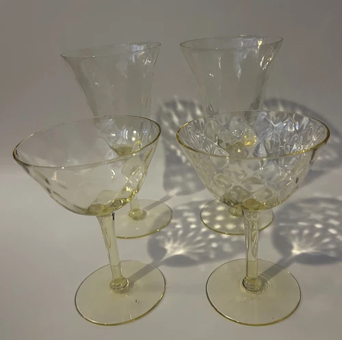Yellow Block Optic Wine Glasses / Champagne Style Depression Glasses, Set of 4