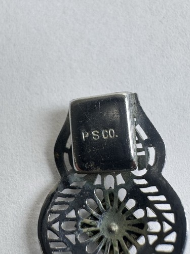 Brazalete antiguo Art Deco firmado PS Co piedras transparentes panel filigrana 6,75" - Imagen 10 de 12