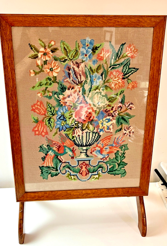 Antique Folding Wooden Fire Screen / Table with Glass Top with Floral Embroidery - Picture 10 of 22
