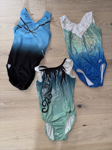 GK Elite Gymnastics Leotard Lot Size Adult Small AS Blue Practice Leos Set of 3