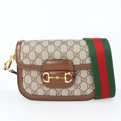 Gucci 658574 Horsebit 1955 Leather GG Supreme Canvas Shoulder Bag Brown/Beige Go