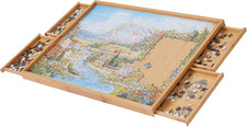 Puzzle Board with Drawers, Bamboo Puzzle Table with Turntable, Jigsaw Table for