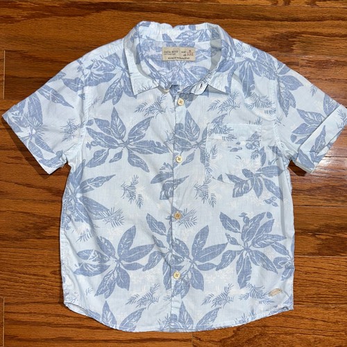 Zara Boys Blue Tropical Floral Short Sleeve Cotton Hawaiian Shirt Size 5 - Picture 4 of 11