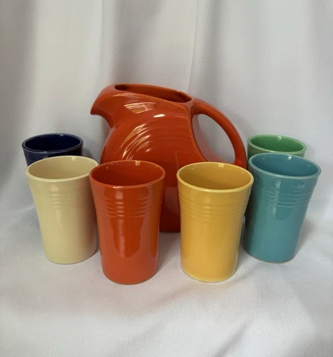 Vintage Fiesta *RARE* Red Juice Pitcher & *All 6 Original Color* Juice Tumblers