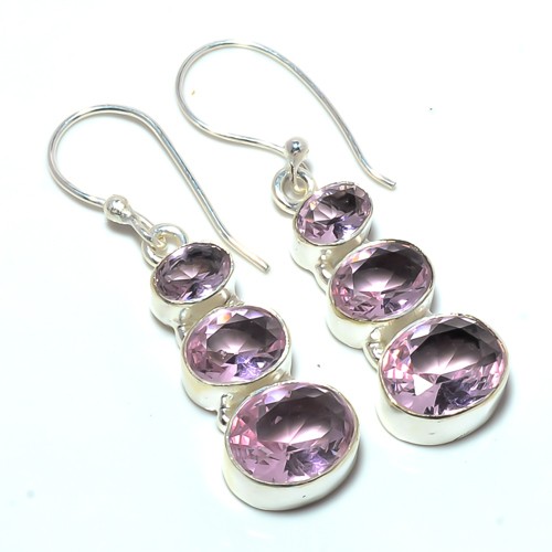 Rose Quartz Gemstone Silver Plated Earring Jewelry 1.64" T80, Christmas Gift - Picture 1 of 5