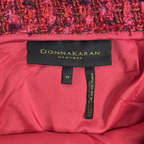 DONNA KARAN Red Pink Pencil Lined Tweed Skirt Gold Metallic Shimmer Size 14 - Picture 4 of 8