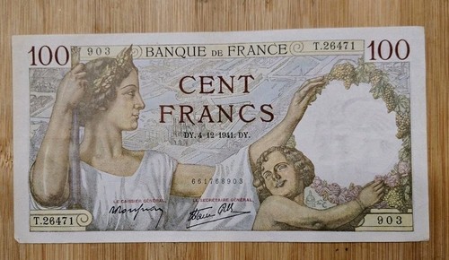 1941 France 100 Francs Banknote - Picture 1 of 2